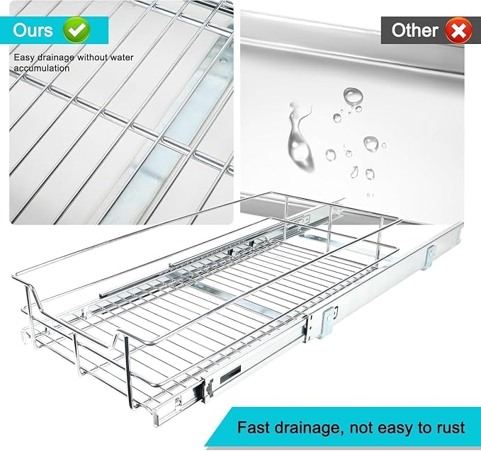 Pull Out Cabinet Organizer 9" W X 17" D, Chromed, Full Slide Out Drawers | For Kitchen Organizers and Storage, Pull Out Drawers For Cabinets Capacity Heavy Duty Caddy, Cabinet Shelves, Bathroom Pantry
