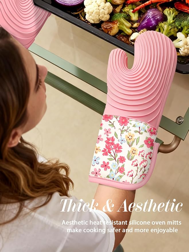 Slohif Long Silicone Oven Mitts Heat Resistant for Women - 2 Pcs Pink-Green Flower 100% Cotton Oven Gloves, Non-Slip and Waterproof Silicone Oven Mitts with Hanger for Baking and Cooking