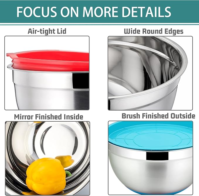 P&P CHEF Stainless Steel Mixing Bowls With Lids, Set of 6, Multicolor | Salad Nesting Mixing Bowls & Fitting Lids & Non-Slip Silicone Bottom, Ideal for Mixing, Storing, Size 0.7/1/1.5/2.5/3/4.6 Qt