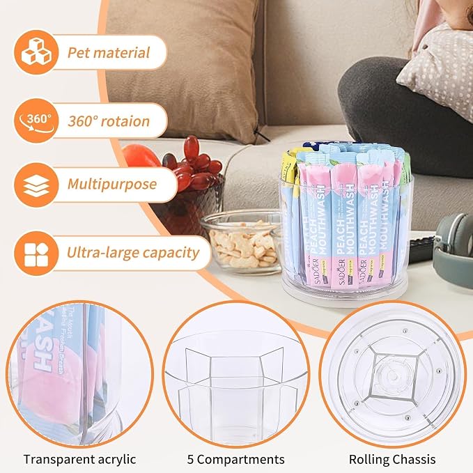 Drink Packet Organizer, 360° Spinning Lazy Susan for Pantry & Cabinet – Clear Acrylic Rotating Drink Mix Holder with 5 Compartments for Drink Mix Packets, Flavor Sachets, Coffee & Tea Packets