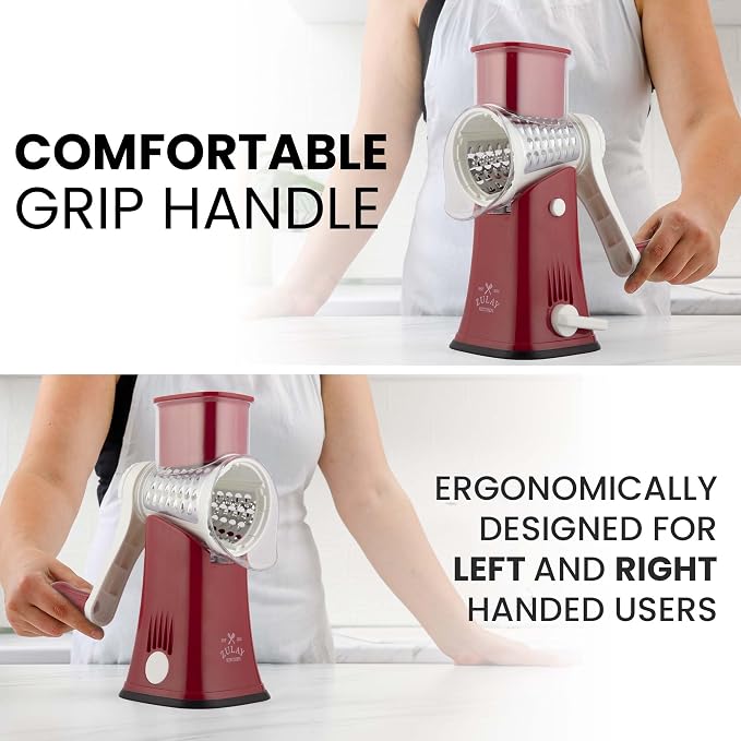 Zulay Kitchen Rotary Cheese Grater 5 Blade Cheese Shredder - Manual Hand Crank Cheese Grater With Reinforced Suction & 5 Interchangeable Drums - Easy to Use, Vegetable Chopper Round Mandoline Slicer