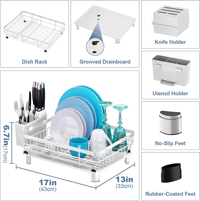 MOUKABAL Dish Drying Rack with Drainboard for Kitchen Counter, White | 13×17 Large Capacity/Rustproof Stainless Steel/Fast Drainage Dish Drainer/Removable Utensil Holder/Kitchen Counter Organizer