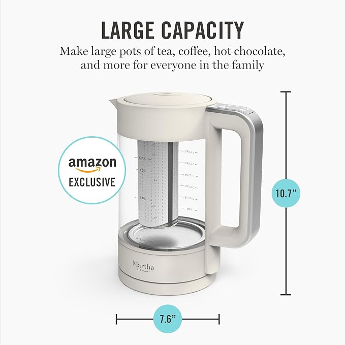 Martha Stewart 1.7L Glass Carafe Electric Kettle with Removable Tea Infuser | 7 Cups, 4 Presets, Rapid Boiling, Stainless Steel Tea Leaf Infuser, Cordless Swivel Base, Keep Warm, Auto Shut-Off, Linen