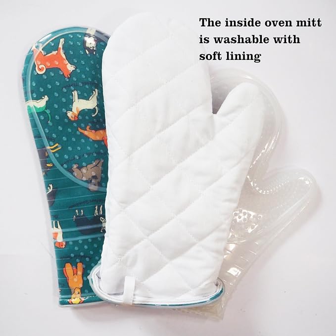 Oven Mitts with Transparent Clear Silicone Shell and Nice Dog Printing | Potholders Cotton Lining Set of 2, Heat Resistant to 500 F Kitchen Oven Gloves for Cooking (Blue Dog, Potholders)