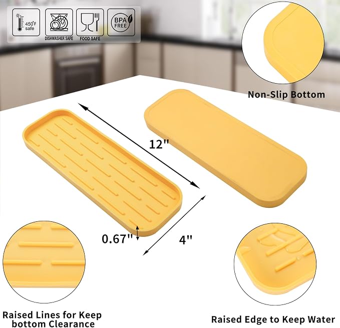 MicoYang Silicone Kitchen Sink Organizer Tray for Multiple Usage,Easy Clean,Eco-Friendly Sponges Holder for Kitchen Bathroom Counter or Sink,Dish Soap Dispenser,Scrubber,Bottle,Cup Yellow 12" x 4”