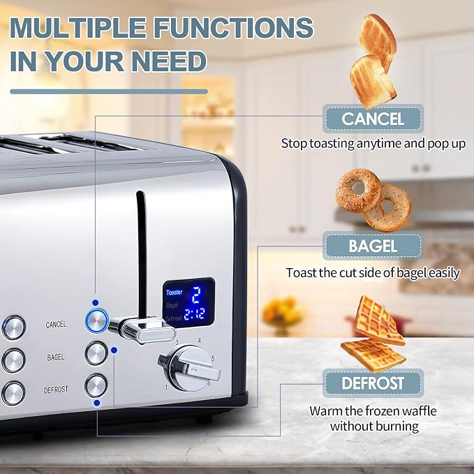 CUSIMAX 4 Slice Stainless Steel Toaster with Digital Display, Black | LED Display with Countdown Timer, 6 Browning Levels, Bagel/Defrost/Cancel, Dual Independent Controls, 1.5" Extra Wide Slots