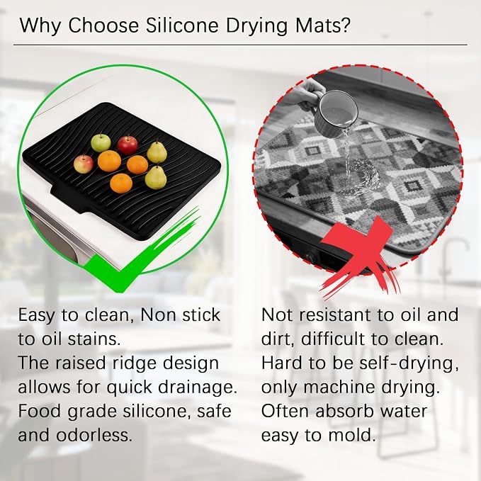 Silicone Dish Drying Mat for Kitchen Counter, Black-1pcs, 16" x 13" | Heat Resistant & Non-Slip Dish Drain Pad with Built-In Drain, Dishwasher Safe, Quick-Dry, Hangable & Roll-Up for Storage