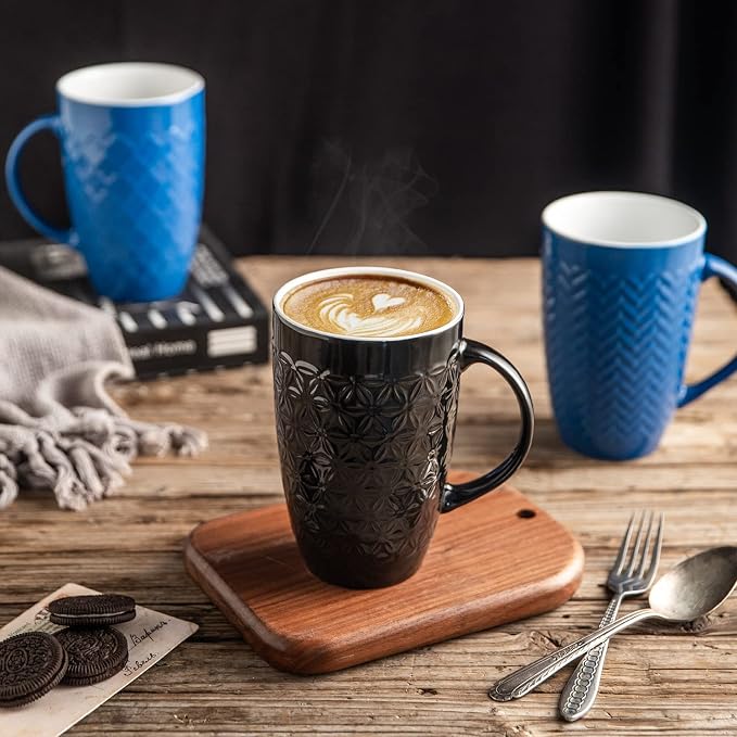 AmorArc 20 oz Large Coffee Mugs Set of 6, Tall Ceramic Coffee Cups | 3 Assorted Designs, Embossed Ceramic Coffee Mugs with Large Handle for Coffee/Tea/Cappuccino, Dishwasher&Microwave Safe