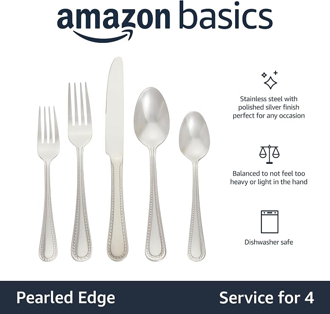 Amazon Basics Silverware Set, Stainless Steel Flatware, Dishwasher Safe, Easy to Clean, Service for 4, 20-Piece Forks and Spoons, Pearled Edge