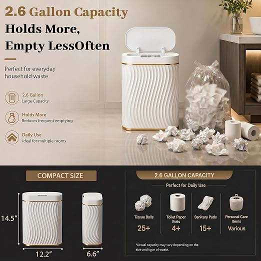 2.6 Gallon Automatic Bathroom Trash Can with Touchless Lid, White Gold | Motion Sensor Trash Can with Slim Waterproof Body; Small Plastic Garbage Can, hands-free lid for Bedroom, office, and kitchen