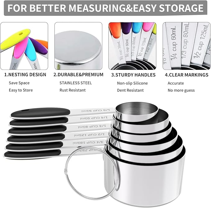 Stainless Steel Measuring Cups and Spoons Set with Silicone Handle – Nesting Design for Space-Saving, Heavy Duty & Dishwasher Safe for Dry/Liquid Ingredients, Cooking & Baking (13)