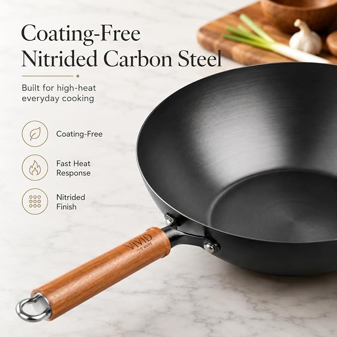 Carbon Steel Wok Pan with Lid, 9.4 Inch Deep Flat Bottom Wok, Coating-Free Carbon Steel Pan for Stir Fry, Soup, Noodles, Braising & Boiling, Small Induction Wok with Wooden Handle