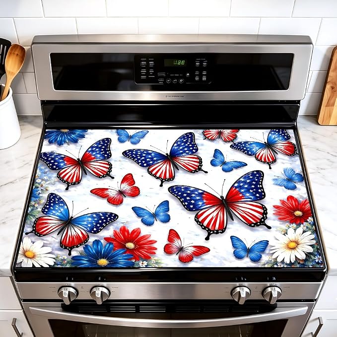 American Flag Butterfly Patriotic Stove Top Cover 28.35x20.47in | American flag butterfly patriotic stove top cover 28.35x20.47 in; red white blue cooktop mat dishwasher safe machine washable