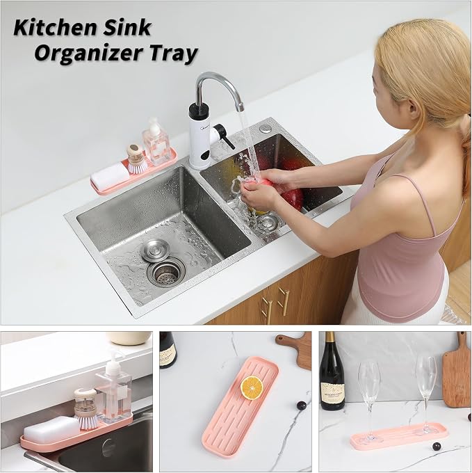 MicoYang Silicone Kitchen Sink Organizer Tray for Multiple Usage,Easy Clean,Eco-Friendly Sponges Holder for Kitchen Bathroom Counter or Sink,Dish Soap Dispenser,Scrubber,Bottle,Cup Pink 12" x 4”