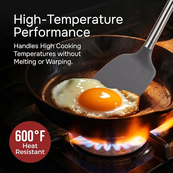 Silicone Spatula Set (2-Pc) - 600°F Heat Resistant, BPA Free, Non-Scratch, Dishwasher Safe I Slotted & Solid Kitchen Spatula Turners I Ideal for Eggs, Pancakes, Fish I Stainless Steel I Gray