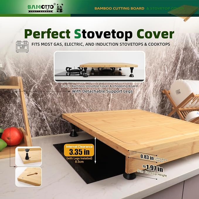 BAMOTTO CRAFTBAMBOO 20 x 22 Inch Bamboo Cutting Board, Stovetop Cover | Detachable Legs | Detachable Non-Slip Front Lip | Over-the-Sink Board | Reversible Dual Juice Grooves | Kitchen Noodle Board