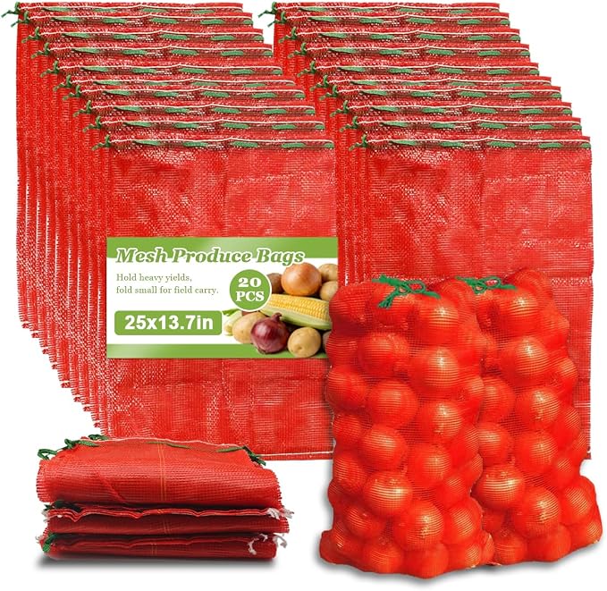 20 Pack 25''x14'' Large Mesh Onion Bags for Produce & Firewood | Reusable Breathable; with Drawstring Closure; Holds up to 30lbs; Ideal for Onions, Potatoes, Crawfish, Firewood Storage