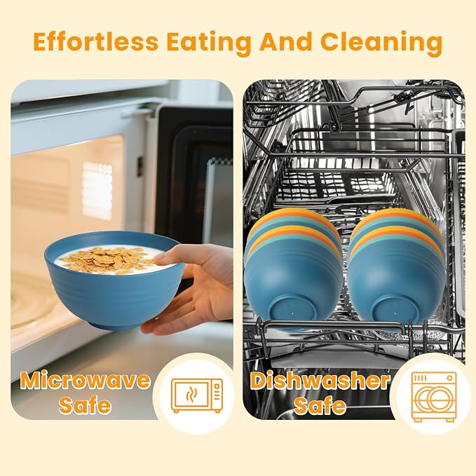 Plastic Bowls Alternative, Unbreakable Wheat Straw Cereal Bowls 8 PCS - Microwave & Dishwasher Safe Bowl for Cereal, Snack, Rice, Salad, Soup Bowls for Kitchen, Camping, Party(Muliti,26 OZ)