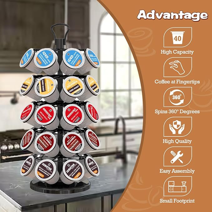 K Cup Holder 40 Pods Capacity, Coffee Pods Holder Storage Organizer Stand | K Cup Carousel, 360°Rotating K Cup Organizer, Easy-Grip Top Handle,Space-Saving for Countertop, K Cups Holder Easy Assembly