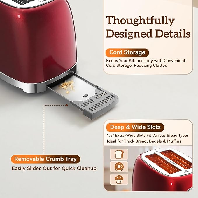RONGBEST Retro Stainless Steel 2 Slice Toaster with Touchscreen Wide Slot for Family Breakfast Bagel & Bread, Reheat & Defrost, 6 Browning Levels, Removable Crumb Tray, Red Pearl