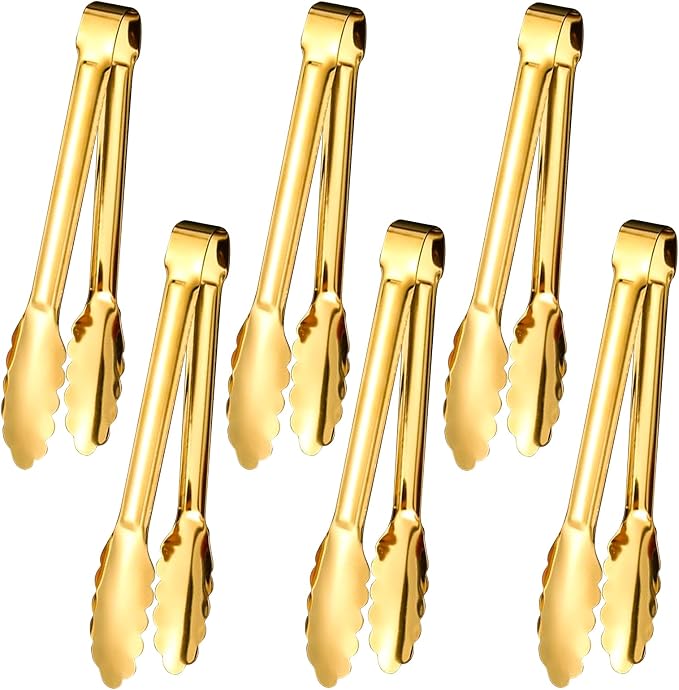 6pcs Stainless Steel Serving Tongs Gold or Silver Plated 9inch Heavy Duty Durable BBQ Clamps Design for Weddings Parties Banquets Buffets Family Gatherings Kitchen Cooking Serving Clip