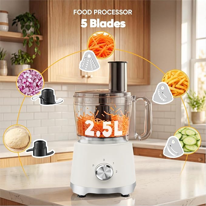 OLIXIS Food Processor 10.5 Cups, 600W Powerful Food processors with 5 Blades, Dishwasher Safe Meat Grinder for Slicing, Shredding, Chopping, Kneading, for Meat, Vegetables, Fruit, Dough