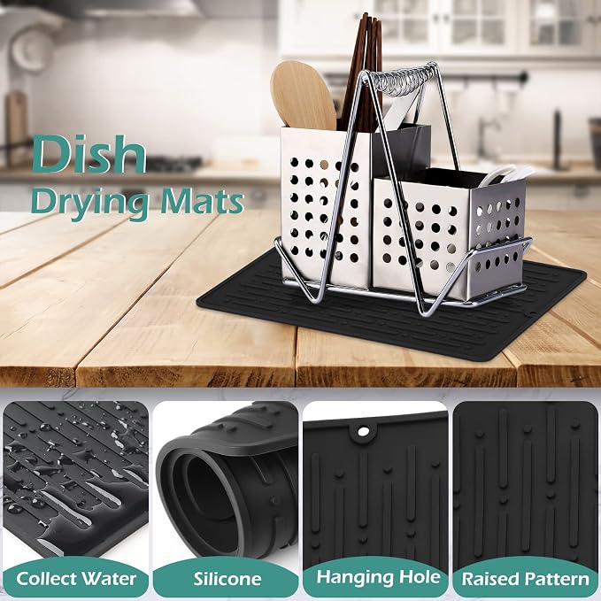 Dish Drying Mats, Heat-resistant Silicone Mat for Kitchen Counter, Non-Slip Dish Dry Mat Dishwasher Safe Small, Black
