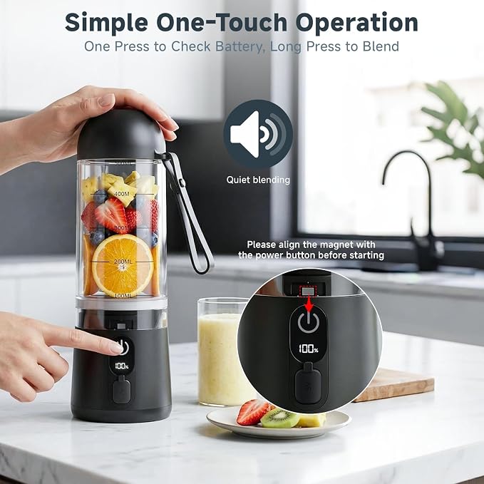 Portable Blender, USB C Rechargeable Small Smoothie Blender with Lid | Personal Blender for Shakes, protein, 8 Blades, Travel Friendly Mini Mixer for Home, Office, Gym, 17oz Black