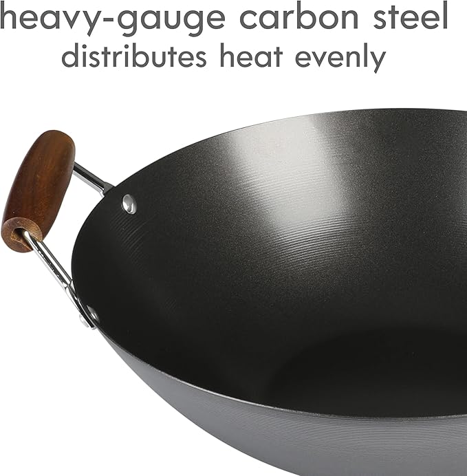 Kenmore Hammond 14-Inch Flat Bottom Carbon Steel Wok, Black, Durable Non-Stick Stir Fry Pan for Gas and Electric Stovetops