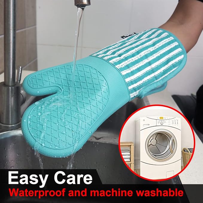 Alselo Silicone Oven Mitts Heat Resistant 932℉ with Waterproof & Non-Slip | Kitchen Mittens Set of 2,Extra Long 7.5"x15" Oven Gloves with Soft Cotton Terry Lining for Baking Cooking BBQ(Green,2)
