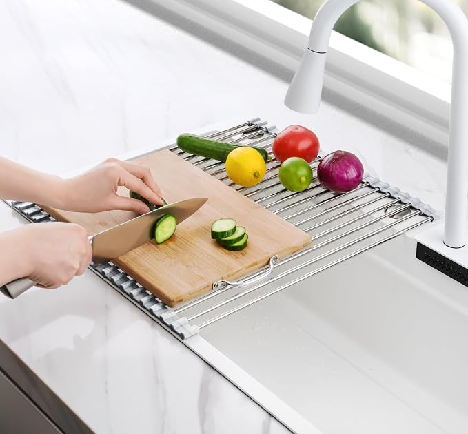 Tomorotec Roll Up Dish Drying Rack Over Sink, 304 Steel, 21x15.5, Marble | Anti-Slip Silicone Rims For Grip, Heat-Resistant Trivet Mat Holding Heavy Cookware, Rustproof Kitchen Counter Space Saver