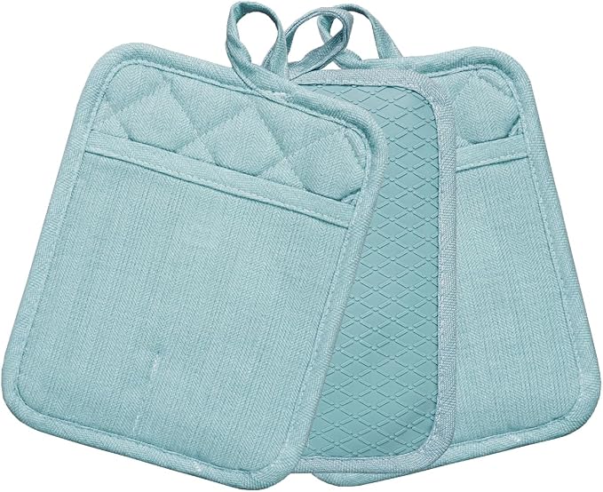 Pot Holders Yarn-Dyed Set of 3 Non Slip Silicone Kitchen Lines | Heat Resistant 500℉ Kitchen Gloves BBQ Baking Women Men Cooking Barbecue Microwave Machine Washable (L-Blue Potholder)