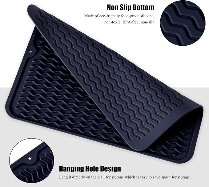 Silicone Dish Drying Mat, Non-Slip Easy Clean Sink Mat, Dark Blue, 14"x11" | Quick-Dry Ridges, Large Heat-resistant Dish Drainer Mat for Kitchen Counter, Hangable & Roll-Up for Storage, Dishwasher Safe