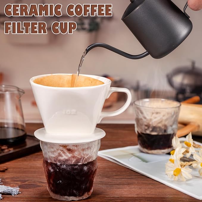 Pour Over Coffee Dripper, Ceramic Pour Over Coffee Maker, White | 3 Holes Flat Bottom, Easy Manual Brew Maker, Porcelain Slow Filter Cone for Travel, Camping, Office, Home