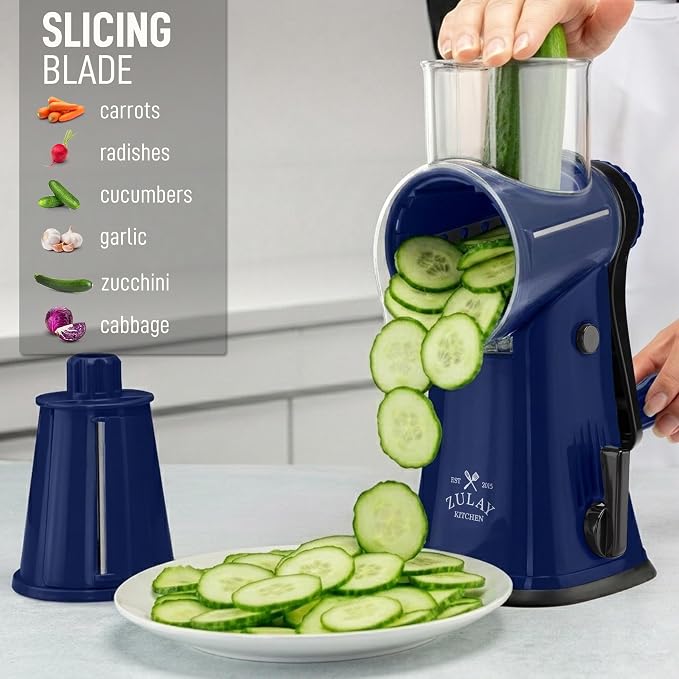 Zulay Kitchen Rotary Cheese Grater 5 Blade Cheese Shredder - Manual Hand Crank Cheese Grater With Reinforced Suction & 5 Interchangeable Drums - Easy to Use, Vegetable Chopper Round Mandoline Slicer