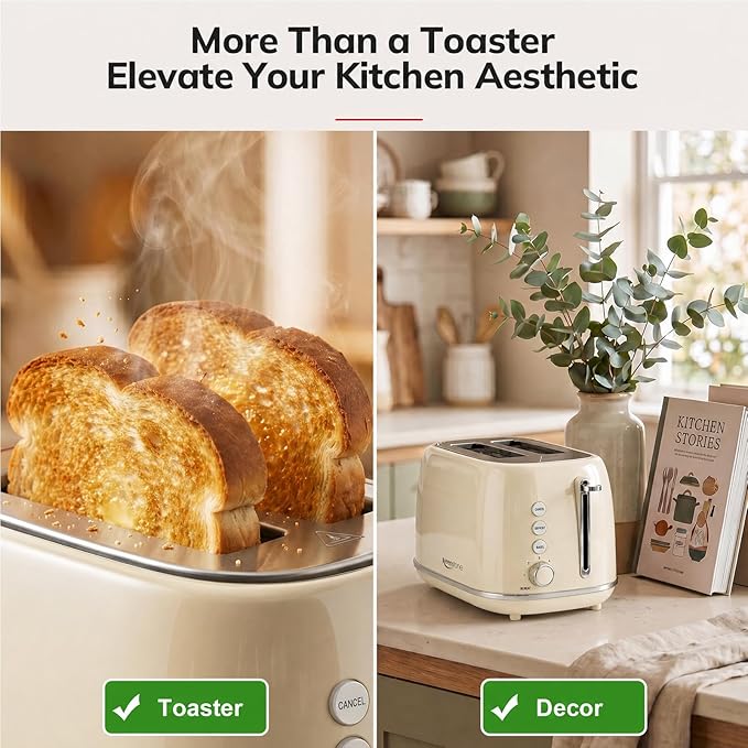 Toasters 2 Slice Retro Stainless Steel Toasters with Bagel, Cancel, Defrost Function and 6 Bread Shade Settings Bagel Toaster, Beige