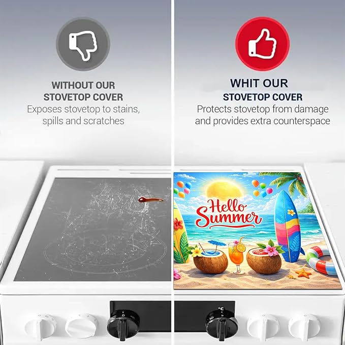 HOMETITUTE Hello Summer Stove Top Covers for Electric Stove 28x20 Inches Beach Surfboard Heat Resistant Glass Cooktop Protector Pad Decorative Stovetop Cover for Kitchen Coffee Bar Decor