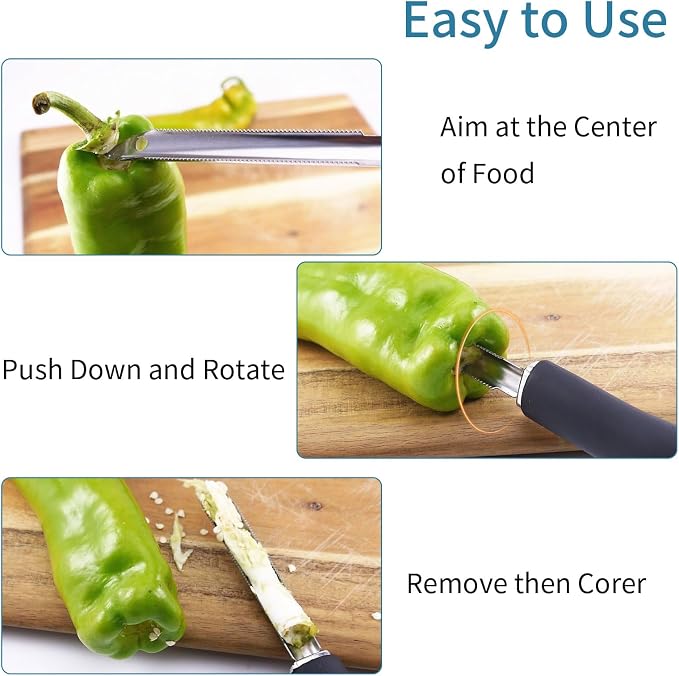 2Pcs Jalapeno Pepper Corer Zucchini Cucumber Corer Tool with Serrated Slice & Rubber Handle Stainless Steel Pepper Seed Remover for Kitchen Deseeder or Slice off Vegetables Tops