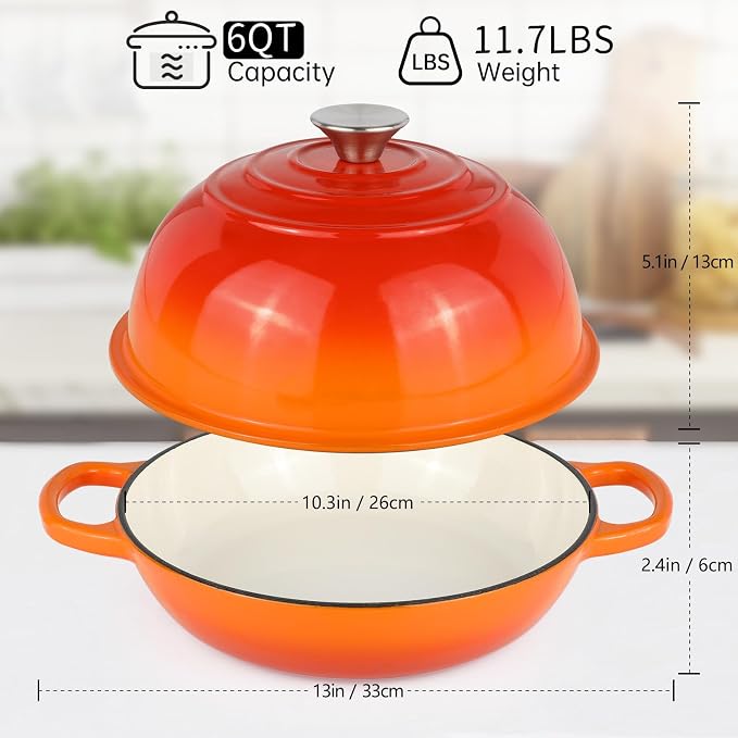 Enameled Bread Oven Dutch Oven Pot with Lid Bread Dutch Oven Orange | for Sourdough Bread Baking, 6 Quarts 10" Cast Iron Bread Pan with Dome Lid, Non-stick Cookware for Homemade Bread