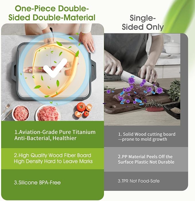 Titanium Cutting Board for Kitchen, Double Sided Pure Titanium & Wood Fiber | Non‑Slip Platinum Silicone Edge, Juice Groove, for Chopping Meat/Vegetables/Fruit Dishwasher Safe, 16"×11"