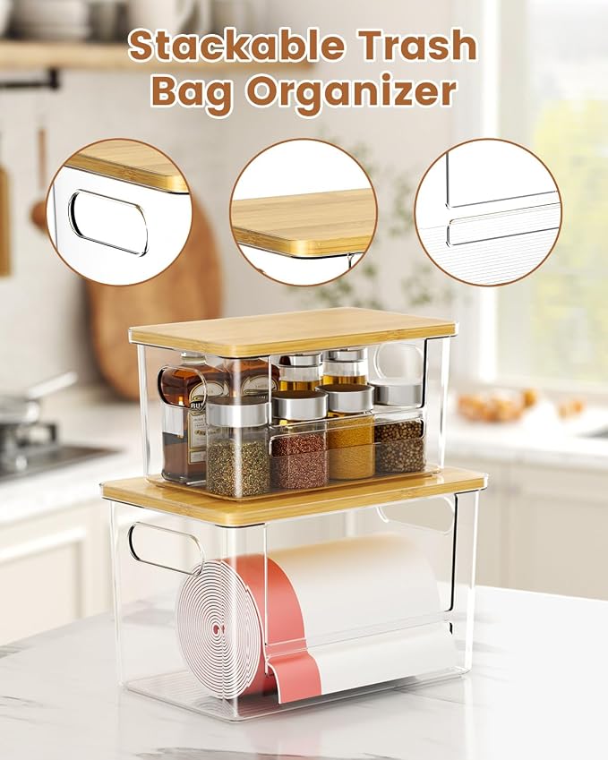 Trash Bag Dispenser 2 Pack, Stackable Trash Bag Holder with Bamboo Lid – Clear Plastic Garbage Bag Organizer for 4-33 Gal Bags, Space-Saving Under Sink Organizer for Kitchen, Laundry, Pantry