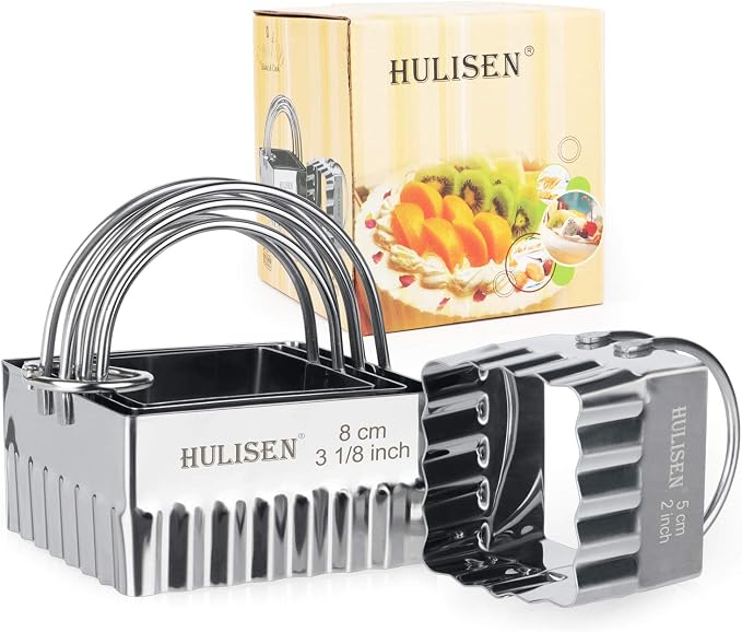 HULISEN Square Biscuit Cutter Set 4-Pc, Cookies Cutters with Handle | Stainless Steel, Dishwasher Safe, Etched inch/cm Markings, Gift-Ready Packaging, Ergonomic Arched Grip, Ripple Square