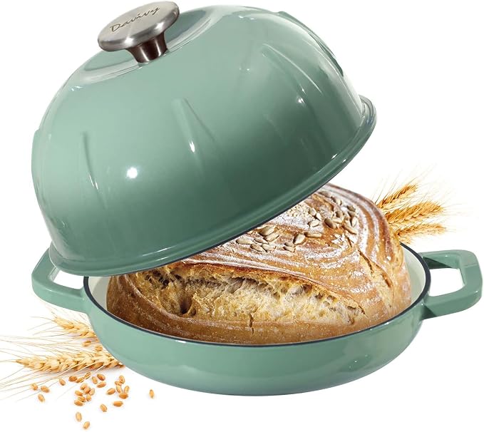 Davivy 5QT Enameled Cast Iron Dutch Oven Pot, Round Sourdough Dutch Oven, Bread Cloche for Sourdough Bread Pan with Domed Lid - Light Green