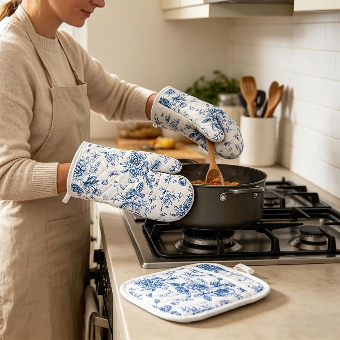 AnyDesign 4Pcs Blue Chinoiserie Floral Oven Mitts and Pot Holders Set | Heat Resistant Non-Slip Potholders Porcelain Flower Kitchen Oven Gloves with Hot Pads for Cooking Baking