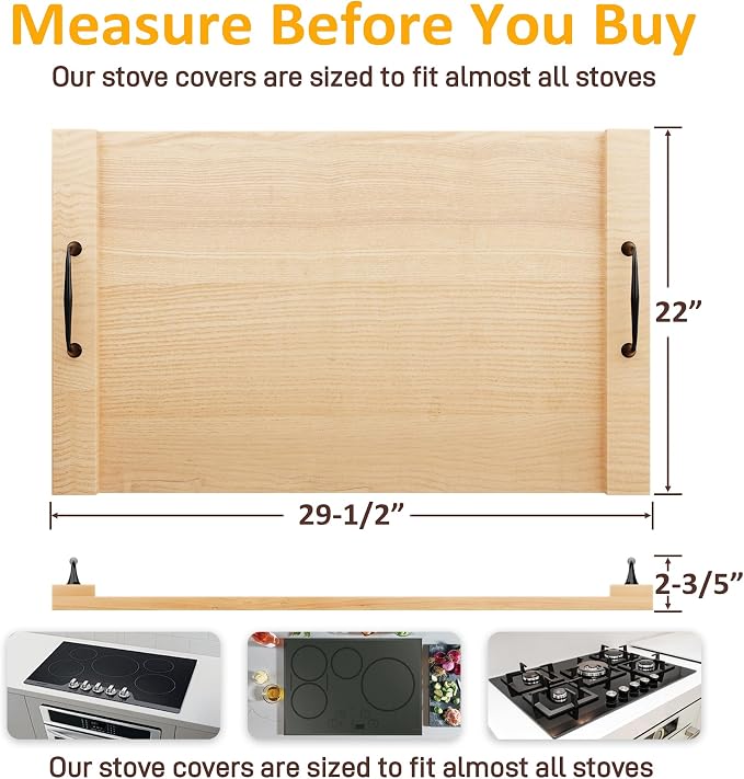 Noodle Board Stove Cover with Handles, 29.5 x 22 Inch, Natural Wood Color | Engineered Wood Cover for Electric, Gas and Glass Stove Tops, Raised Edge Serving Tray for Extra Counter Space