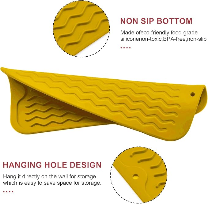 Silicone Dish Drying Mat, Non-Slip Easy Clean Sink Mat, Yellow, 12" x 6" | Quick-Dry Ridges, Large Heat-resistant Dish Drainer Mat for Kitchen Counter, Hangable & Roll-Up for Storage, Dishwasher Safe