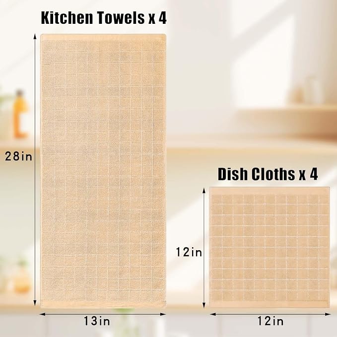 Homaxy Kitchen Towels and Dishcloths Set, Set of 16, Apricot | Bulk Cotton Terry Kitchen Towels, Checkered Designed, Soft and Super Absorbent Dish Towels, 12 x 12 and 13 x 28 Inches