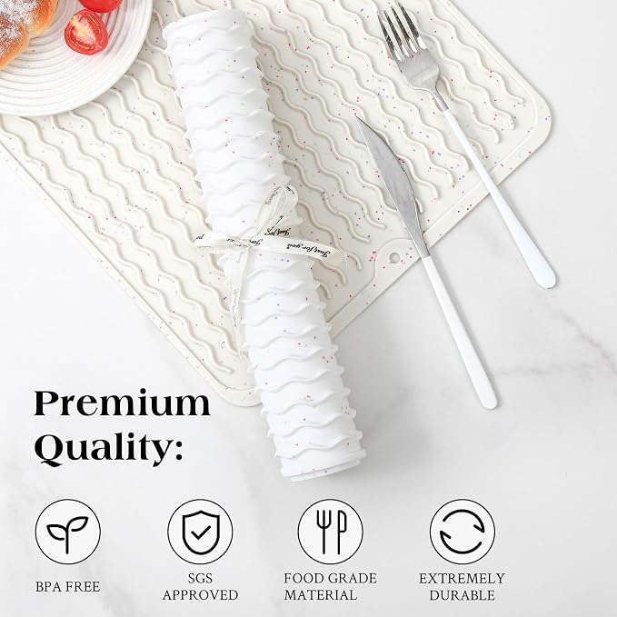 CAKETIME 2 Pack Multicolor Silicone Dish Drying Mat for Kitchen Counter Easy to Clean Waterproof Coffee Station Accessories Heat Resistant Litter Dog Food Supplies Extra Large 24"*18" Ivory White