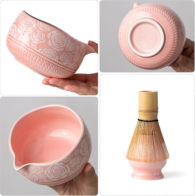 Buucup Matcha Whisk Set, Ceramic Matcha Kit with Bowl & Tools, Rose Pink | 7-piece set includes ceramic bowl, bamboo whisk, scoop, holder, rest, sifter and tea towel for home matcha preparation.