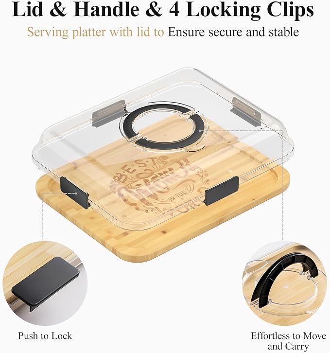 Portable Bamboo Charcuterie Board with Lid, Engraved Mom Print | Includes Knife Set, Plates, Forks & Handle, Travel Serving Tray Platter for Cheese, Meat, Fruit, Housewarming Gift for Mom